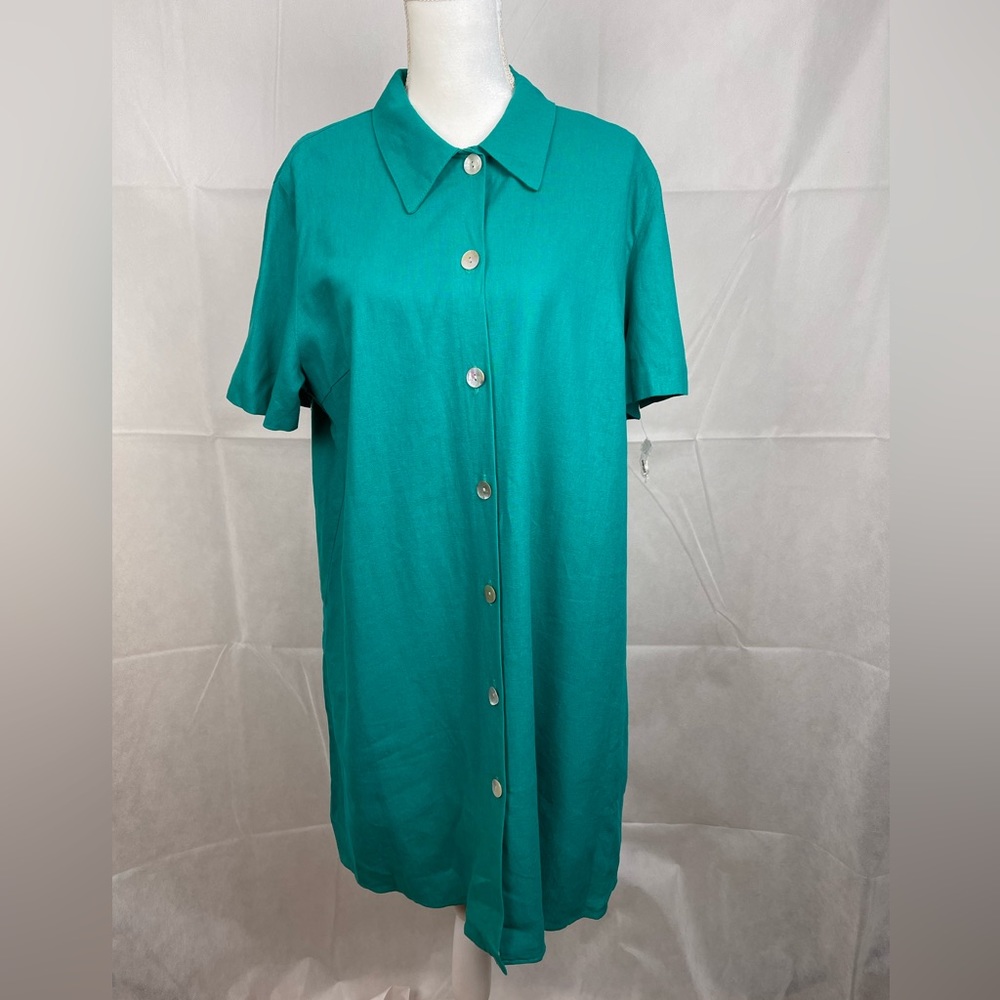 Bedford Fair Lifestyles Button Down Linen Blend Dress Size XL Teal Vintage